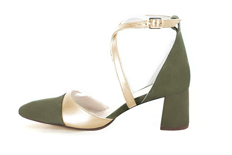 Khaki green and gold women's open side shoes, with crossed straps. Tapered toe. Medium flare heels. Profile view - Florence KOOIJMAN